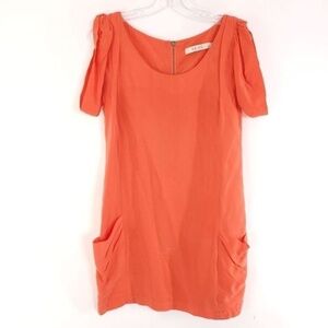 REISS size 0 mini dress orange / red short puff sleeves